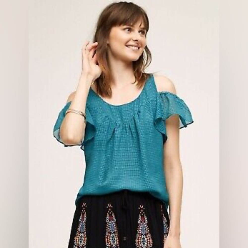 Excellent Condition Anthropologie Maeve Cold-Shoulder Blouse in Teal